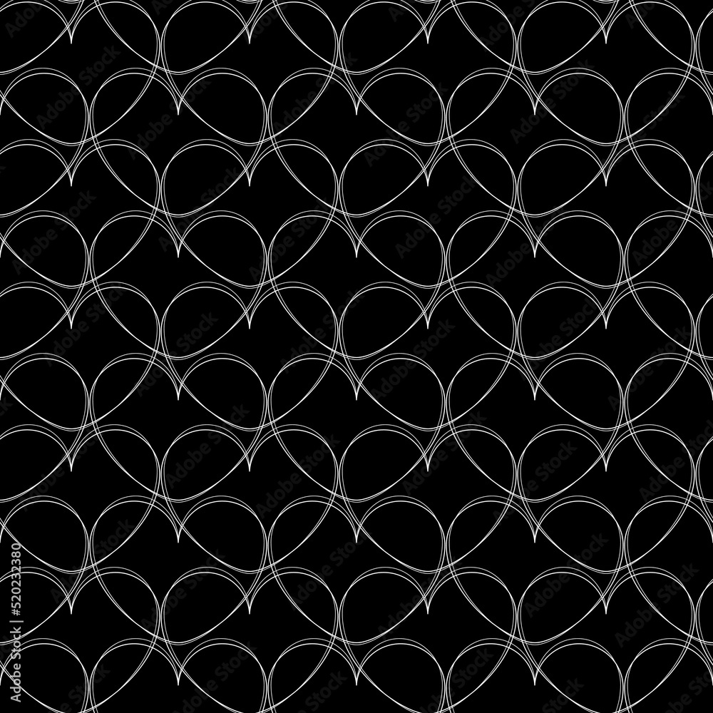 Fototapeta premium Endless pattern of thin intersecting hearts on a black square background