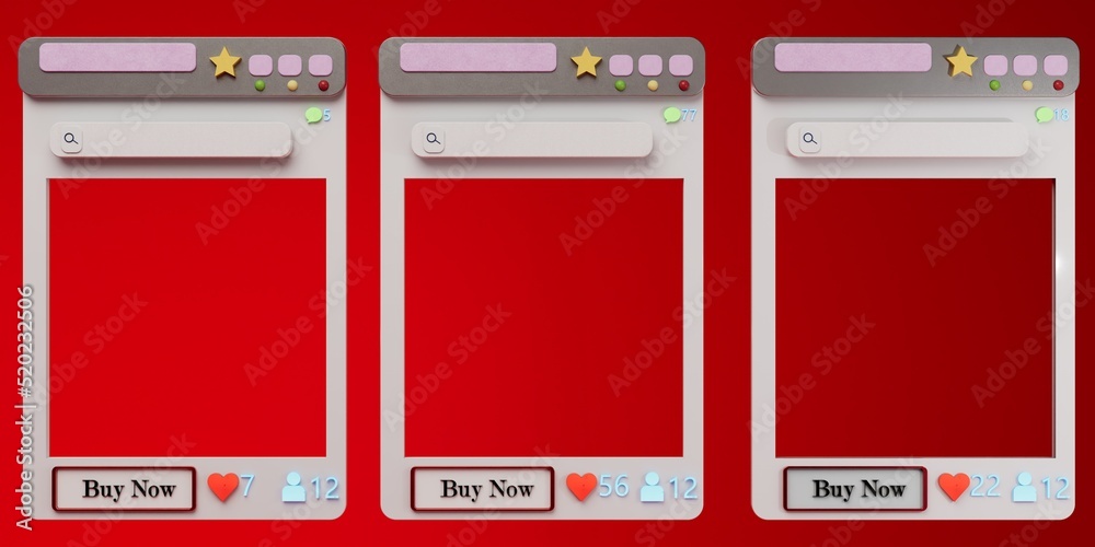 modern technologies. internet shopping. Shop online. blank pages of an online store for placing goods available for purchase on a red background. 3d render. 3d illustration
