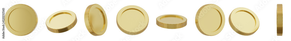 Set of gold coin in different formation and position. 3d render illustration.