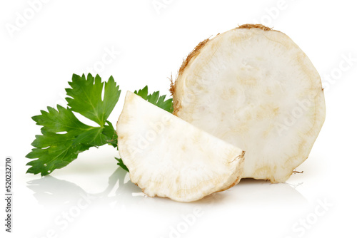 sliced celeriac isolated on white background