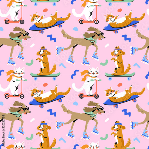 Seamless pattern with cool funny cat and dog riding skateboard, roller skates and scooter