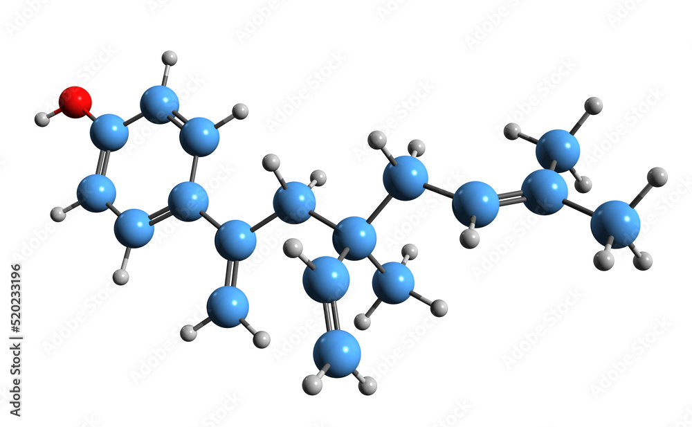 3D image of Drupanol skeletal formula - molecular chemical structure of naturally occurring phenol isolated on white background
3D image of Drupanol skeletal formula - molecular chemical structure of naturally occurring phenol isolated on white background