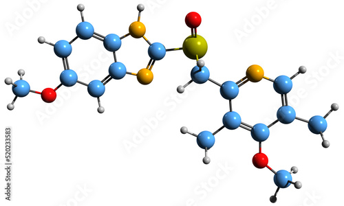  3D image of Esomeprazole skeletal formula - molecular chemical structure of  proton pump inhibitor isolated on white background
