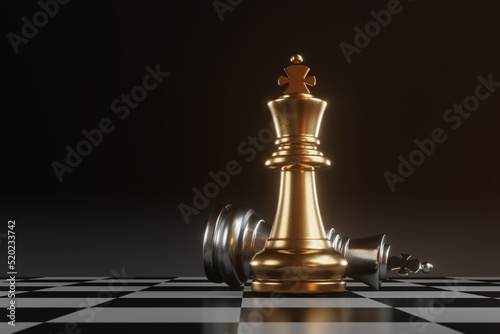 King chess defeated the opponent on classic black and white checker game board. Illustration of the concept of winner and victory