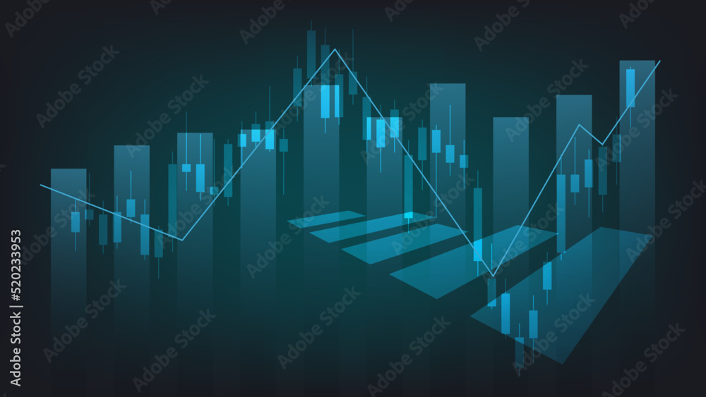economy situation concept. Financial business statistics with bar graph and candlestick chart show stock market price and currency exchange on dark background