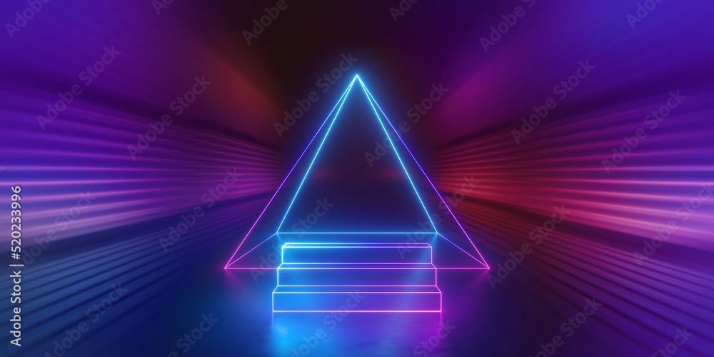 3d render, abstract neon background with geometric triangular shape inside the empty room