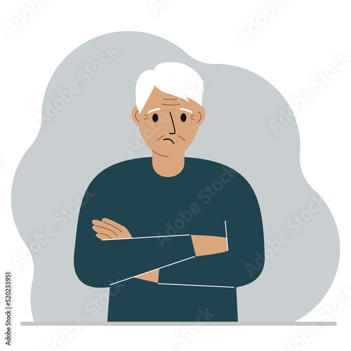 The elderly man is sad and upset. The arms are crossed over the chest. Vector