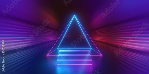 3d render, abstract neon background with geometric triangular shape inside the empty room