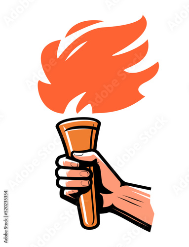 Torch with blazing fire in hand emblem isolated. Flaming torch badge. Symbol of achievement and victory in sports photo