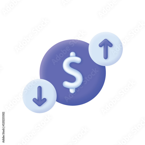 3D Cost of dollar with arrow down and up. Economy crisis or economy growth. loss or growth. Icon of exchange of currency. Vector in 3d style.