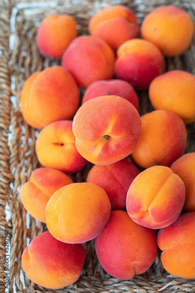 A large pile of ripe bright orange apricots lies close-up on a wicker plate. A large pile of ripe bright orange apricots lies close-up on a wicker plate.