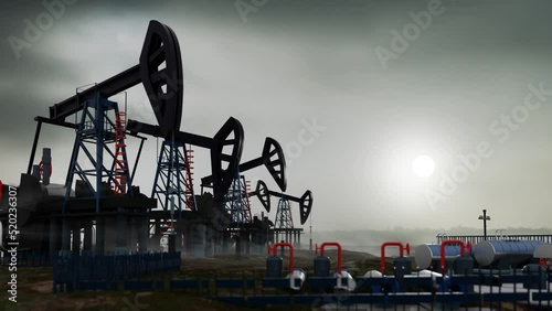 Oil pump, oil industry equipment, drilling derricks silhouette from oil field at sunset  Energy supply crisis, power supply, energy crisis. 