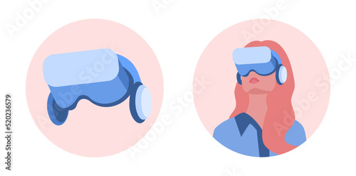 Metaverse or Virtual reality concept. Woman with glasses and a headset VR connected to the virtual space. Icon set. 