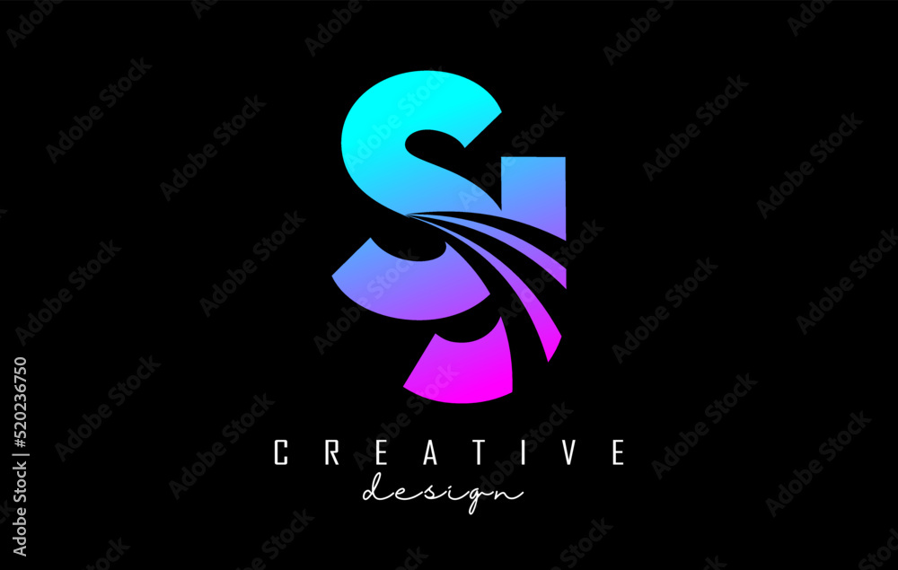 Creative colorful letter SJ s j logo with leading lines and road ...