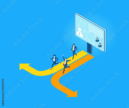 Isometric business environment infographic. Business people running towards the success. New start up, data analyse, negotiating, information concept illustration 