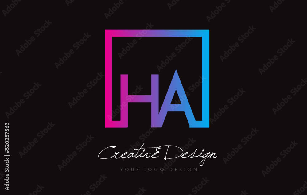 HA Square Frame Letter Logo Design with Purple Blue Colors.