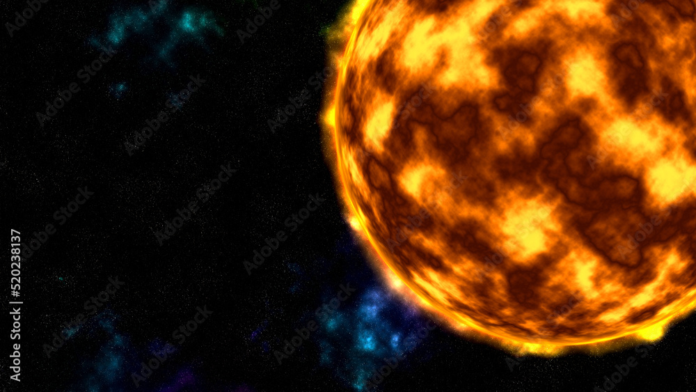 Hot sun surface with solar flares in starry outer space Hot sun surface with solar flares in starry outer space