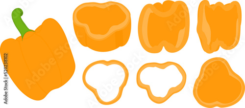 Bulgarian pepper, paprika, bell pepper. Whole, half, cut ​​and sliced ​​peppers. Sliced ​​pepper slices. Whole and slices. Vegetable rings, seasoning for cooking. Vector illustration isolated on white
