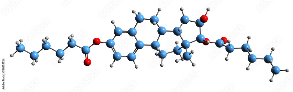 3D image of Estriol dihexanoate skeletal formula - molecular chemical structure of synthetic estrogen isolated on white background
3D image of Estriol dihexanoate skeletal formula - molecular chemical structure of synthetic estrogen isolated on white background