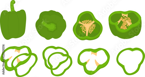 Bulgarian pepper, paprika, bell pepper. Whole, half, cut ​​and sliced ​​peppers. Sliced ​​pepper slices. Whole and slices. Vegetable rings, seasoning for cooking. Vector illustration isolated on white