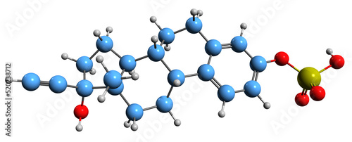 3D image of Ethinylestradiol sulfate skeletal formula - molecular chemical structure of synthetic estrogen ethinylestradiol isolated on white background
 photo