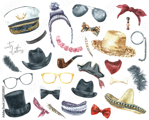 Watercolor funny clothes illustration, hipster accessories, fashion elements set,create hipster character, overlay, greeting card invite , hat, glasses, bow tie,,mexican, straw, officer, sailor,pirate photo