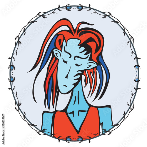 Portrait of fabulous character in round frame