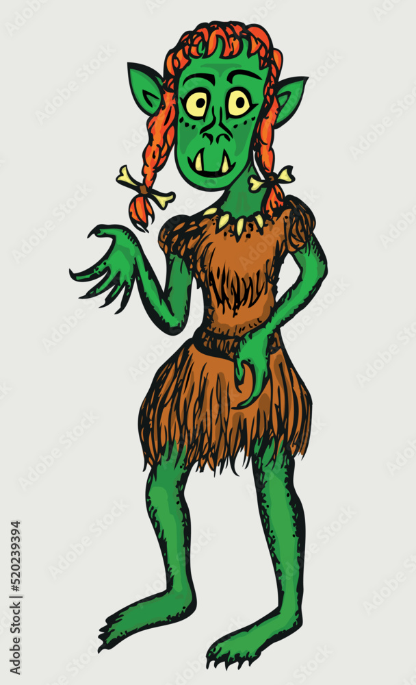 Fototapeta premium Vector drawing of fairy tale funny green female character