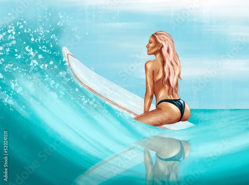 Surfing girl on a white surf board swimming in waves. Super turquoise water and blue sky with water drops sea view, picturesque landscape, sports fun and recreation summer time. Blond girl in bikini