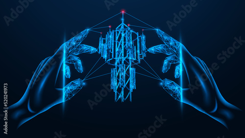 Connecting to a wireless network. Hands touch the antenna for data exchange. Polygonal design of lines and dots. Blue background.