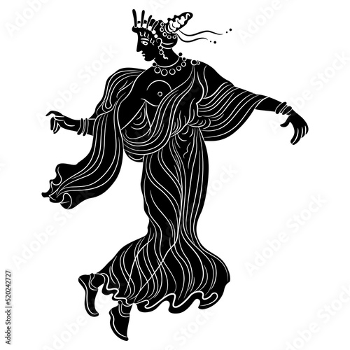 Ancient Greek woman or goddess dancing or flying. Vase painting style. Black and white negative silhouette.
