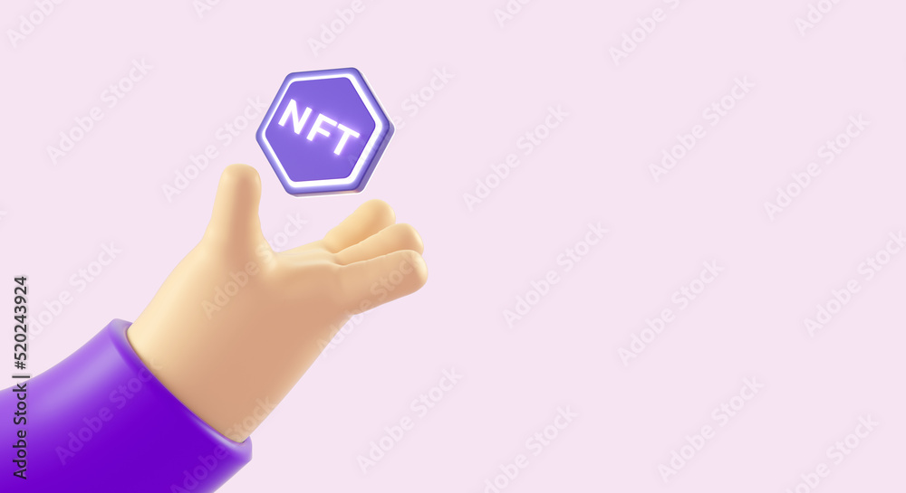 Isolated cartoon hand with a NFT non fungible token and copy space for a banner background template in 3D illustration. Cryptocurrency, 2p2 exchange and blockchain technology concept Isolated cartoon hand with a NFT non fungible token and copy space for a banner background template in 3D illustration. Cryptocurrency, 2p2 exchange and blockchain technology concept