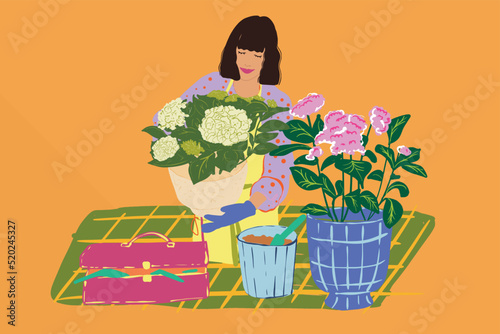 Vector illustration of florist or housewife in apron takes care of flowers on background