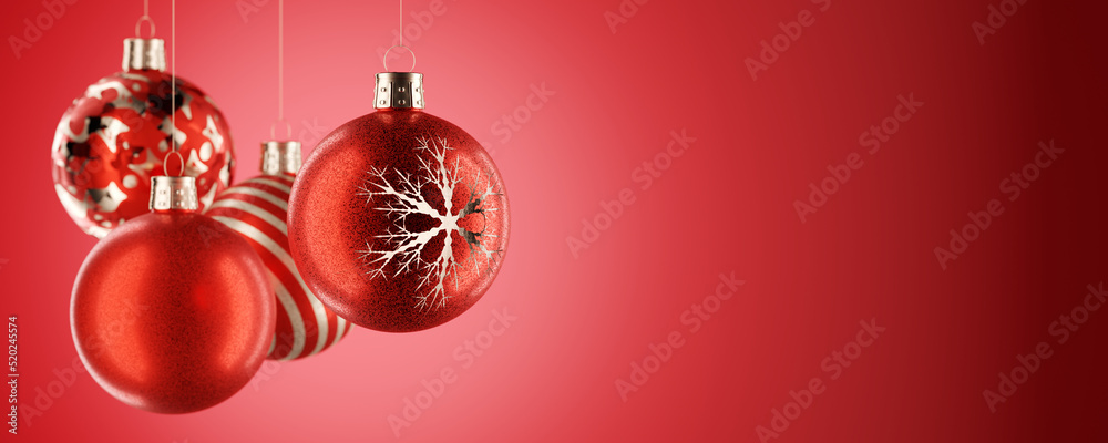 Empty Space for your design. Christmas decoration. red Christmas balls. 3d render.