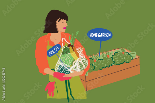 Woman growing plants at home garden, Vector illustration of female gardener with freshly picked vegetables on green background