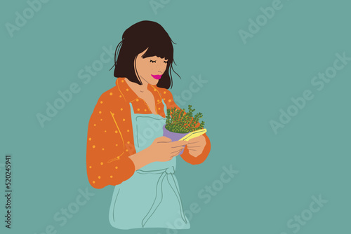 Young housewife in apron stands with flower and using phone on background. Vector illustration