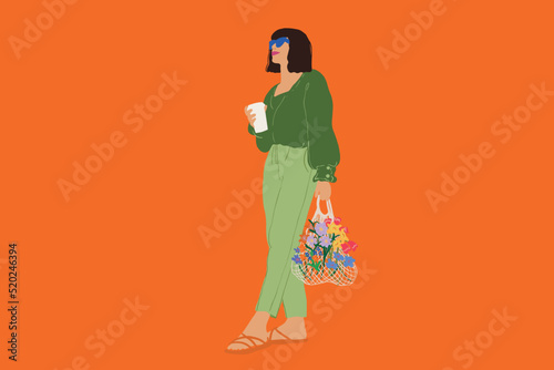 Portrait of a stylish woman stands with mesh bag full of blossom flowers and coffee cup on color background. Vector illustration