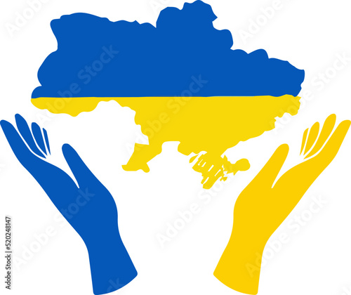 Drawing for a poster - a map of Ukraine in the hands in the colors of the Ukrainian flag