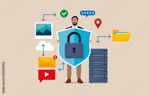 Businessman hold shield with padlock inside. Concept of data security technology flat vector illustration.