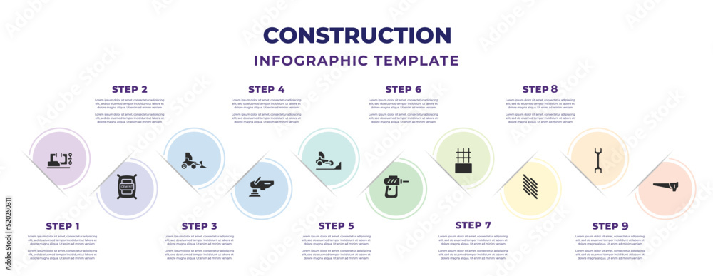 construction infographic design template with vise, cement, loader ...