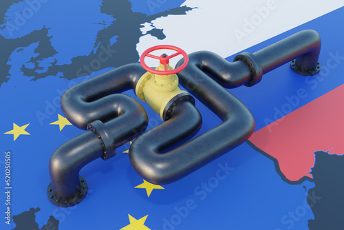 Difficult way of gas from Russia to European Union. Gas pipeline on Europe map. 3D illustration photo