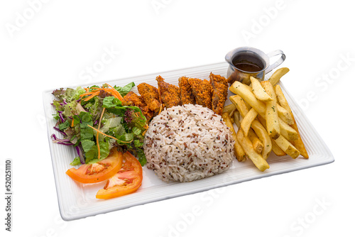 Lion Mane Cheesy Cutlet Rice set with salad and fries served in dish isolated on white background side view photo