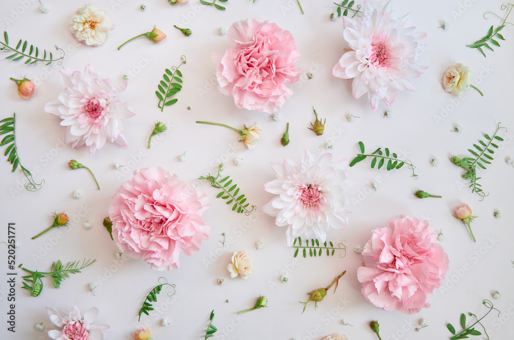 Pink pastel flowers mix and green leaves petals on white pastel floral  feminine spring background. Summer flower shop floristic composition  blossom decoration flatlay pattern. Top view above, flat lay Stock Photo |