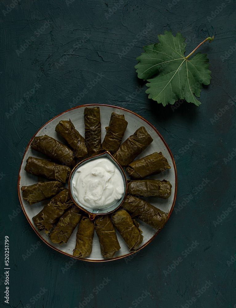 Dolma, cabbage rolls in grape leaves, Traditional Armenian dish, with white sauce, top view, close-up, selective focus,