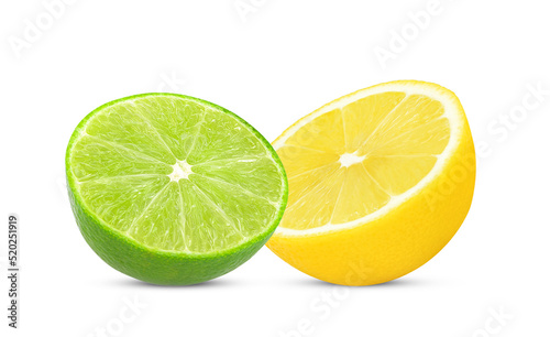 Half of fresh lime and lemon fruit isolated on white background.