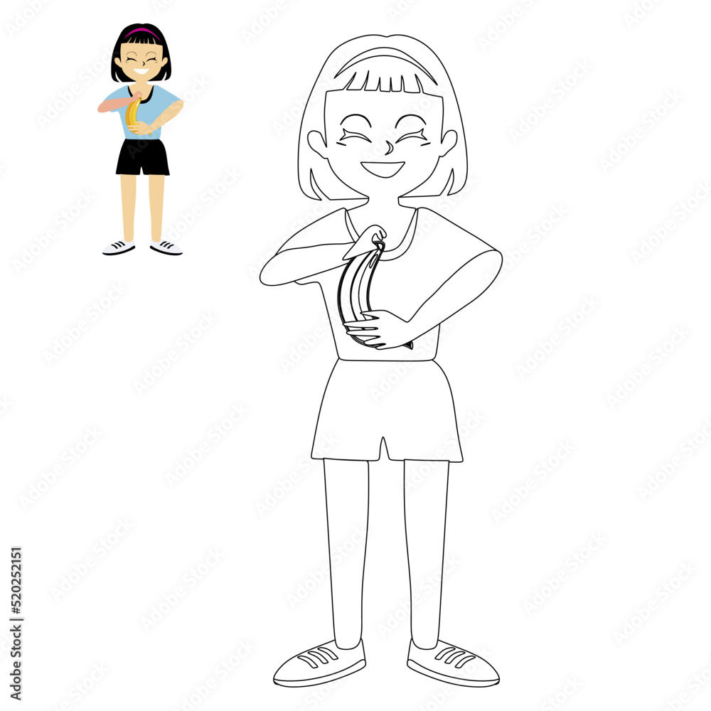 Cute girl standing smiling in her hand banana. Cheerful character after fitness, aerobics and yoga class linear vector illustration. Coloring book for children. Cute girl standing smiling in her hand banana. Cheerful character after fitness, aerobics and yoga class linear vector illustration. Coloring book for children.