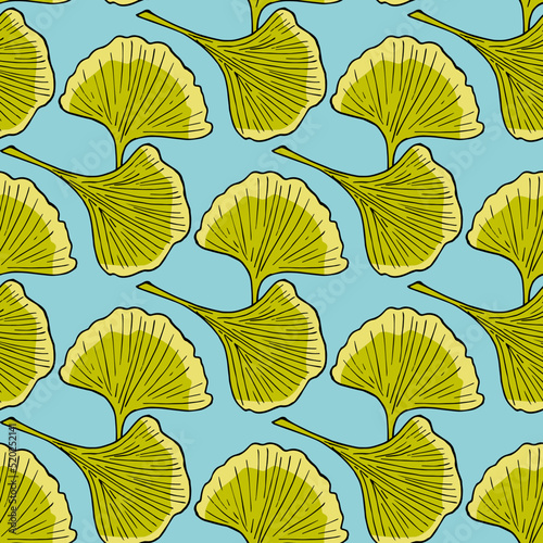 Seamless pattern with creative ginkgo biloba leaves on blue background. Vector image.