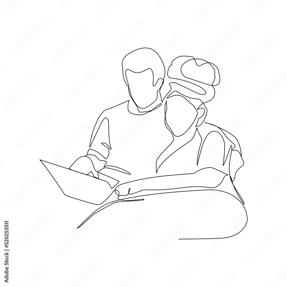 Vector illustration of a family making an online purchase drawn in line-art style