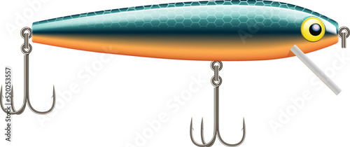 An Orange, Blue Metalic top water fishing lure.