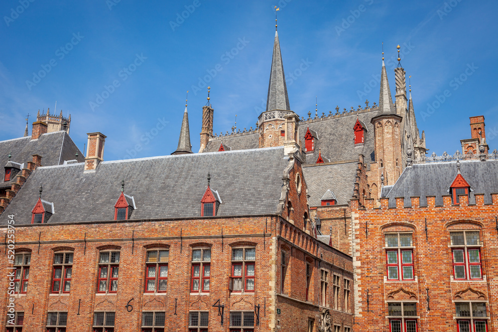 Fototapeta premium Bruges towers, flemish architecture building facades, Belgium